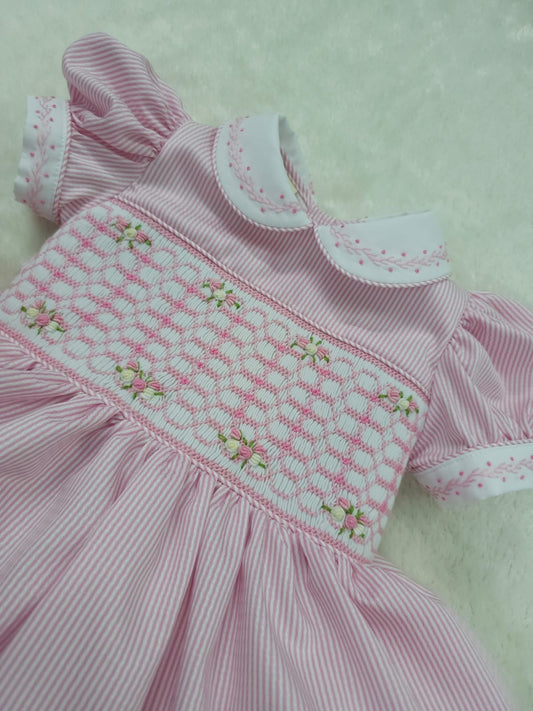 Pink stripe smocked dress